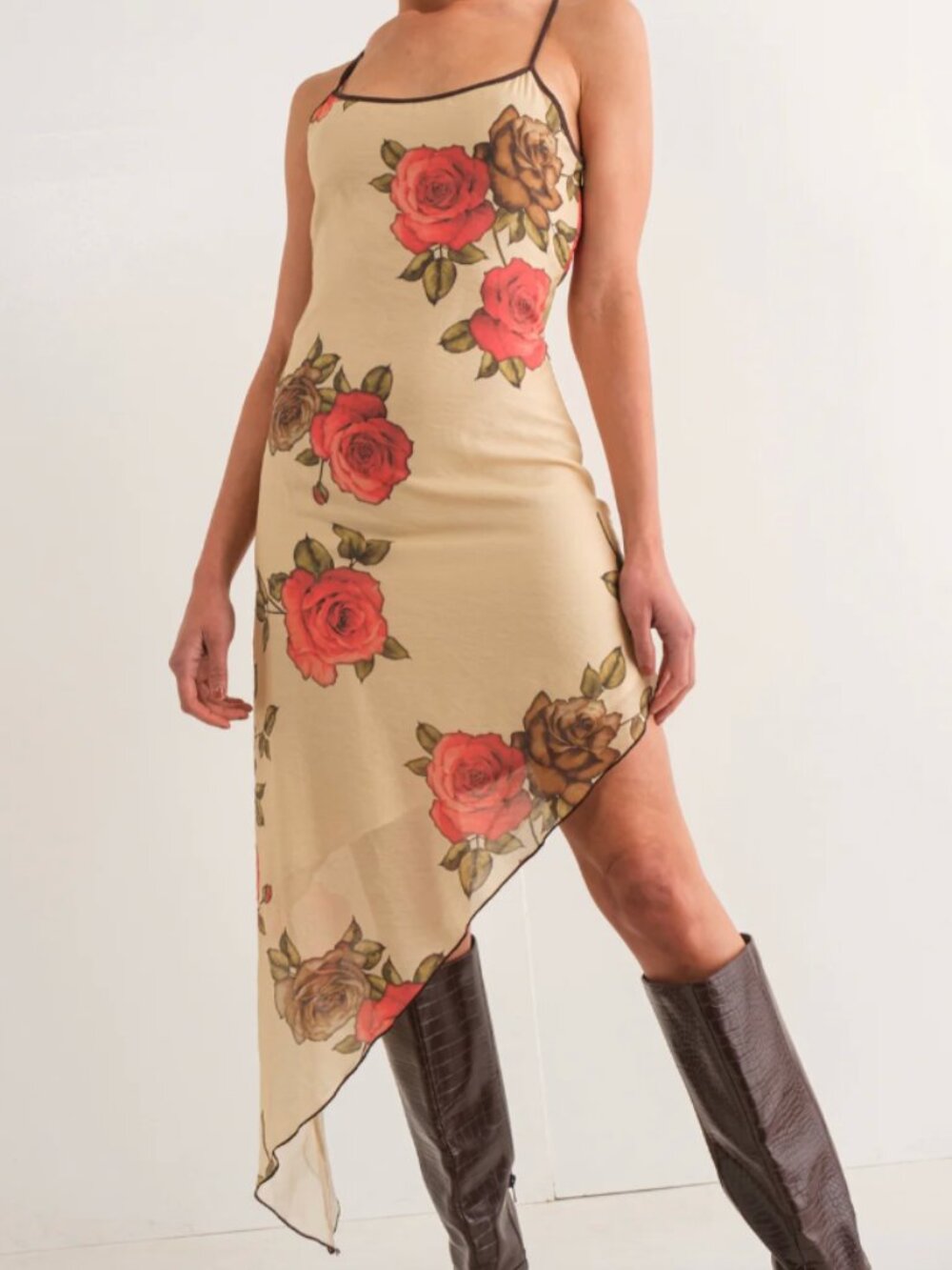 Pretty Garbage asymmetrical, strappy rose print summer dress -- size S